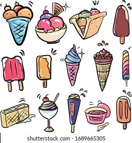 Ice cream set is vector illustration, freehand drawn on white background, dessert and food concept.