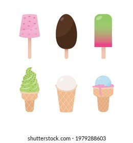 Ice cream set Vector illustration in flat design Different popsicles and waffle cones isolated on white background