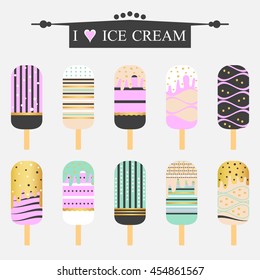 Ice cream set. vector illustration of 10 frozen dessert. colorful design elements on light background