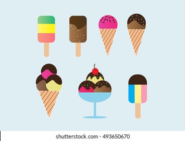 Ice Cream Set Vector Illustration, Strawberry Chocolate Vanilla Sweet Dessert Cone