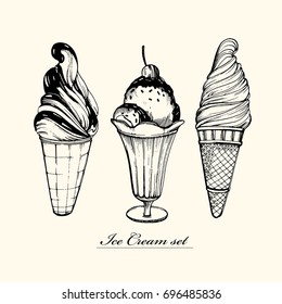 Ice cream set. Vector illustration. Ice cream in glass bow, wafer cone.