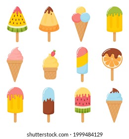 Ice cream set. Vector illustrations of frozen sweets in different shapes with fillings, chocolate and fruits.