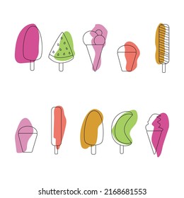 Ice cream set vector isolated. Collection of sweet cold desserts. Chocolate ice cream on a stick, ice cream in a cup, cone, watermelon and melon. Bright and fresh colors.