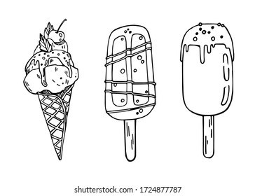 Ice cream set. Waffle cone, popsicle on a stick with modern decoration. Sketch vector illustration in doodle style for cafe menu, t-shirt print.