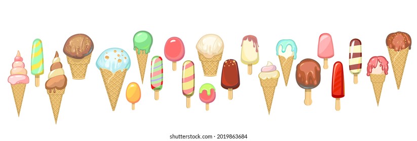 Ice cream set in a waffle cone, popsicle on a stick. Summer sweet dairy product. Collection. Milk, chocolate and fruit. Isolated on white background. Vector