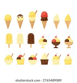 Ice cream set with waffle cones popsicles and sundae bowls isolated vector illustration.