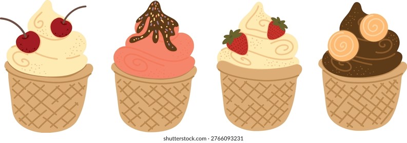 Ice cream set in waffle cups cartoon illustration collection isolated. Set of ice cream scoops in waffle cups with different toppings such as cherry, chocolate and strawberry. Cute flat cartoon illustrations suitable for food design, packaging, menus, kids products and summer themes. Sweet and playful aesthetic, isolated.