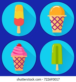 Ice cream set.Wafer cup frozen with a rosette cream and cherry.Freeze dessert.Delicacy for children.vector in flat style.Summer dessert. Eskimo on a wooden stick.