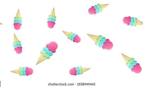 ice cream with several creamy balls on a white background, vector volumetric illustration, pattern. milk ice cream, berry flavor. decor and decoration of kitchen and cafe, wallpaper for restaurant.