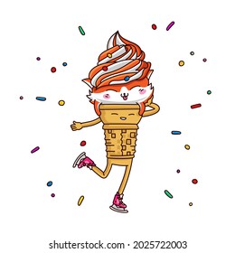 Eis in Form eines Fuchskopfes in einem Waffelbecher, der auf Skaten rollt. Das Konzept des coolen, faszinierenden Charakters eines Neujahrs. Vektorgrafik einzeln auf weißem Hintergrund.