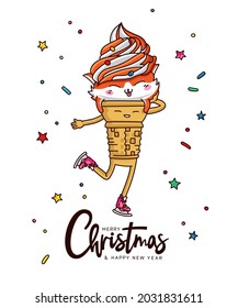 Ice cream in the shape of a fox's head in a waffle cup, rolling on skates. The inscription Merry Christmas and Happy New Year. Lettering. Vector illustration isolated on white background.