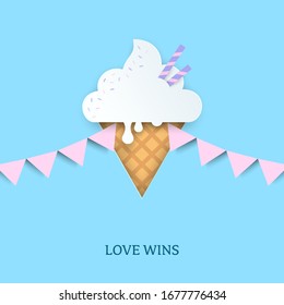 Ice cream in the shape of pink triangle. Pink triangle symbol with pink pennant flags. Symbol of LGBTQ pride and the LGBTQ+ rights movement concept. Stop homophobia minimal banner. Vector Illustration
