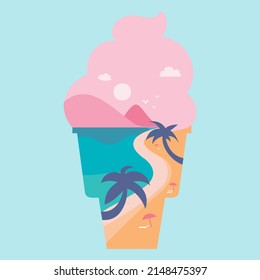 Ice cream shaped sea design with beach equipment. Graphic design for summer