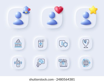 Ice cream, Shield and Lawyer line icons. Placeholder with 3d bell, star, heart. Pack of Eco energy, Transmitter, Fragile package icon. Travel luggage, Mail pictogram. For web app, printing. Vector