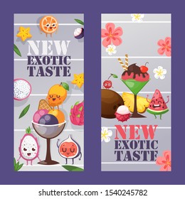 Ice cream shop banner, vector illustration. Summer cafe advertisement, new taste of exotic tropical fruit. Funny cartoon characters. Gelateria newsletter, creamery invitation flyer. Ice cream dessert