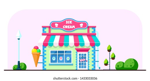 Ice cream shop building design. City cafe. Street landscape. Flat style illustration