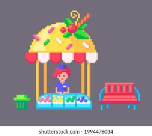 Ice cream shop building in pixel art style. Vector illustration.