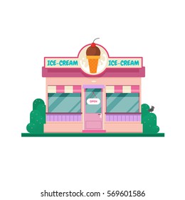 Ice Cream Shop Building. Restaurant Design. Vector Illustration. Isolated On White Background.