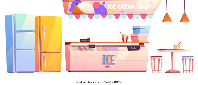 Ice Cream Shop Or Cafe Interior Equipment Set. Fridge Showcase With Variety Of Flavors, Refrigerators, Coffee Table With Chairs And Lamps Above Isolated On White Background Cartoon Vector Illustration