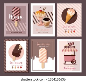 Ice cream shop cards. Sweet food desserts. Set of flyer collection, banner shop, dessert. Vector