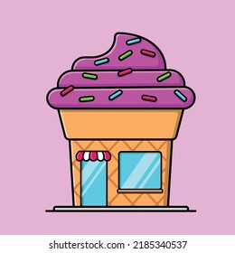 Ice Cream Shop Cartoon Vector Icon Illustration. Food Shop Building Flat Cartoon Concept