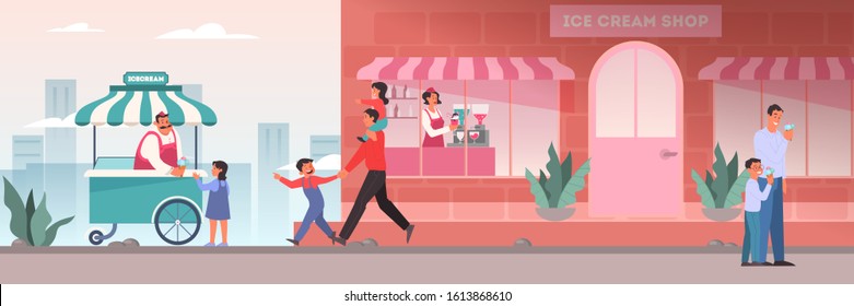 Ice cream shop concept. Family in ice cream shop, cafeteria interior. Dad buying his children an popsicle. Ice cream man staying by a cart.