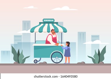 Ice cream shop concept. Girl buy ice cream in mobile ice cream shop track, street food cafeteria. Ice cream man staying by a cart.