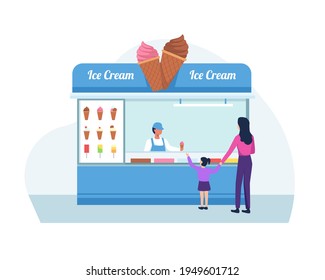 Ice Cream Shop Concept. Ice Cream Seller, Mother And Daughter Buy Ice Cream. Shop Owner Holding The Ice Cream. Vector In A Flat Style