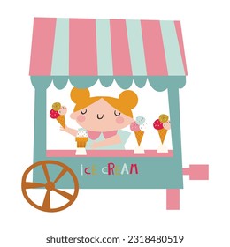 ice cream shop.  cute vector shop on wheels with blower ice cream seller.  isolated baby illustration