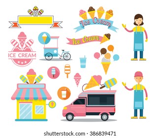 Ice Cream Shop Design Elements, Store, Truck, Seller, Cartoon, Icons, Logo