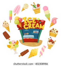 Ice cream shop with different kinds of Ice cream in flat style. Summer food elements. Shop building. 