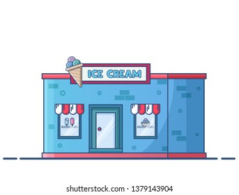 Ice cream shop facade in flat style. Vector illustration cartoon style on white background.