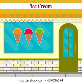 Ice cream shop facade in flat style. EPS10 vector illustration of city public building square architecture. Small business store front design.