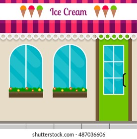 Ice cream shop facade in flat style. EPS10 vector illustration of city public building square architecture. Small business store design.