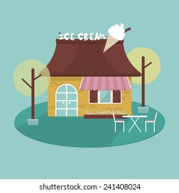 Ice cream shop facade with table and chairs