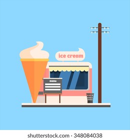 Ice Cream Shop Front. Flat Vector Illustration