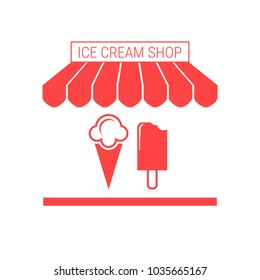 Ice Cream Shop, Frozen Yogurt Single Flat Vector Icon. Striped Awning and Signboard. A Series of Shop Icons.