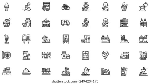 Ice Cream Shop Icons Kollektion ist eine Vektorillustration mit bearbeitbaren Strich, bietet Vielseitigkeit und Anpassung. Perfekt für verschiedene Design-Anforderungen, enthält es hochwertige Grafik.