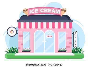 Ice Cream Shop Illustration With Open Board, Tree, And Building Store Exterior. Flat Design Concept