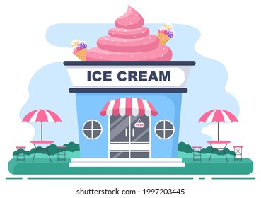 Ice Cream Shop Illustration With Open Board, Tree, And Building Store Exterior. Flat Design Concept