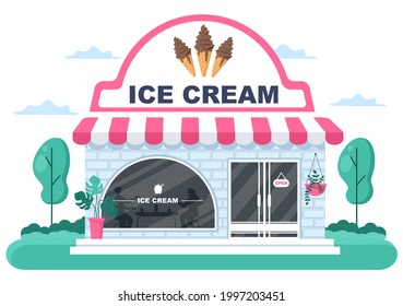 Ice Cream Shop Illustration With Open Board, Tree, And Building Store Exterior. Flat Design Concept