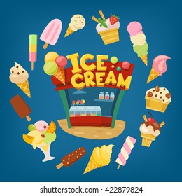 Ice cream shop infographic design. Ice cream shop with different kinds of Ice cream in flat style. Summer food elements. Shop building. 