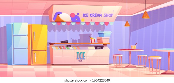 Ice Cream Shop Interior With Counter, Fridge And Tables. Vector Cartoon Illustration Of Cafe With Ice Cream In Freezer, Italian Gelateria Or Parlor With Sundae