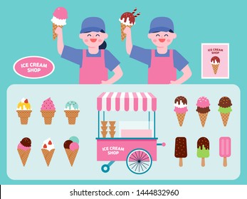 Ice Cream Shop Interior Vector Illustration. Ice Cream Menu Flat Icons Set.