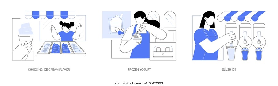 Ice Cream shop isolated cartoon vector illustrations set. Girl choosing an ice cream flavor, delicious gelato, salesman prepares tasty frozen yogurt, person drink juicy slush ice vector cartoon.