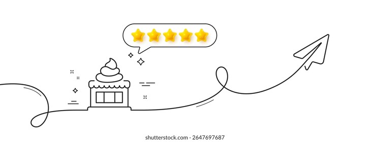 Ice cream shop line icon. Continuous line with share plane. Vanilla sundae sign. Frozen summer dessert symbol. Five star rate review in speech bubble. Ice cream single line ribbon. Vector