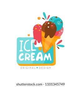 Ice cream shop logo design template, label for bar, cafe, menu, sweet shop vector Illustration on a white background