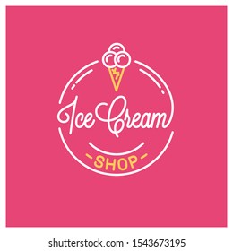 Ice Cream Shop Logo. Round Linear Logo Of Icecream On Pink Background