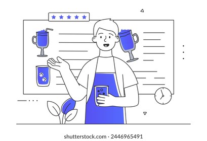 Ice cream shop man simple. Young guy in blue apron with frozen dessert and delicacy. Sweet products for summer season. Cafe or catering occupation. Doodle flat vector illustration