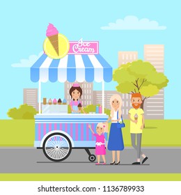 Ice cream shop in modern city park colorful poster, vector illustration of mobile trolley cart with fresh sweet soft frozen food and cheerful couple, daughter